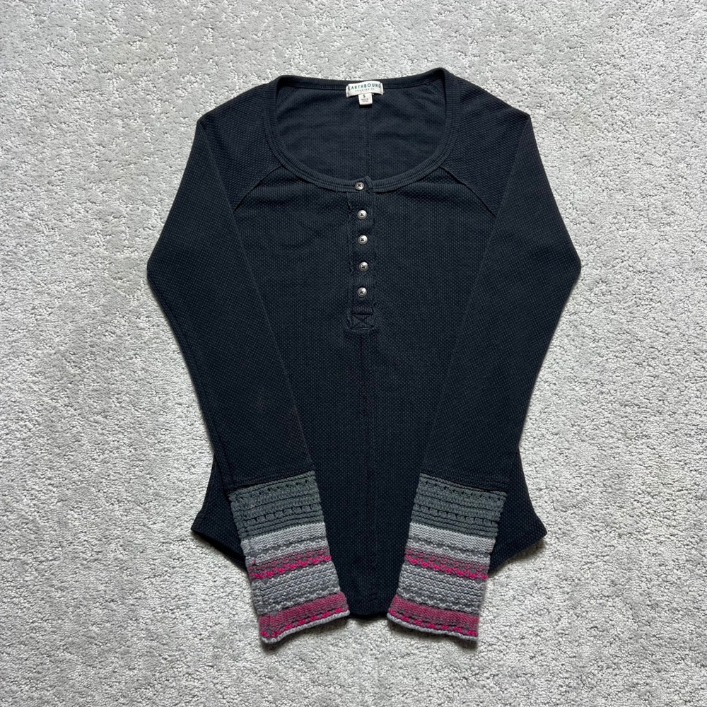 Earthbound Trading Co‎ Henley Shirt Womens Small Black Waffle Knit Crochet Cuffs